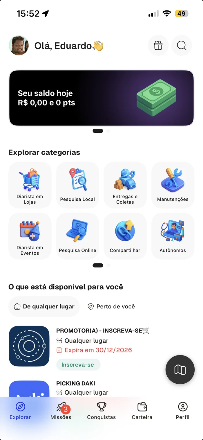 Execução de missão no aplicativo